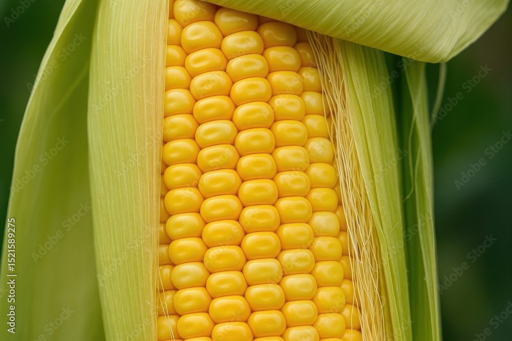 Poster single yellow corn cob with kernels on end.