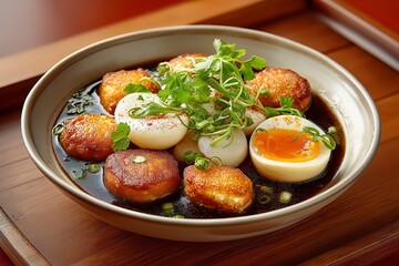 Oden with simmered assorted ingredients served in bowl on wooden tray. Concept of Oden captures warmth, tradition, and culinary artistry in Japanese cuisine.