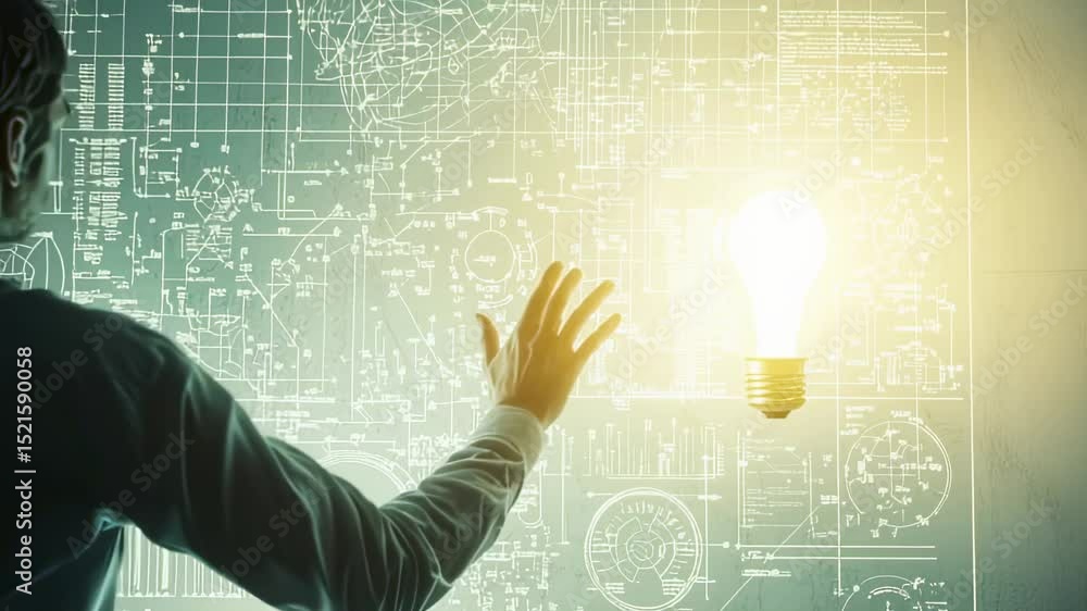 Poster man interacting with a glowing light bulb and technical blueprints on a screen, symbolizing innovati