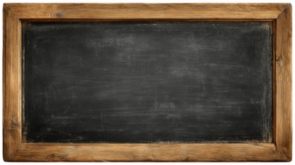 Empty black chalkboard with a rustic wooden frame and a chipped surface, isolated on a transparent background, providing a classic educational or decorative backdrop