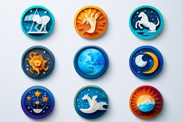 The icon set includes a Libra zodiac symbol, a hand from palmistry, a horse, an eclipse of the sun, a monkey, and a Milky Way spiral galaxy, all in modern format