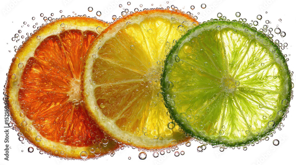 Poster slices of orange, lemon, and lime, partially submerged in sparkling water, with bubbles clinging to 