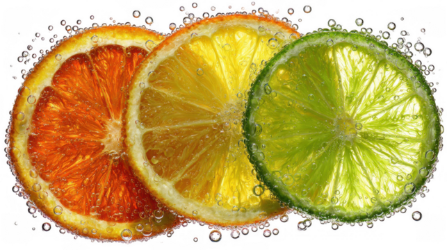 Slices of orange, lemon, and lime, partially submerged in sparkling water, with bubbles clinging to their surfaces, creating a refreshing and vibrant image against a transparent background