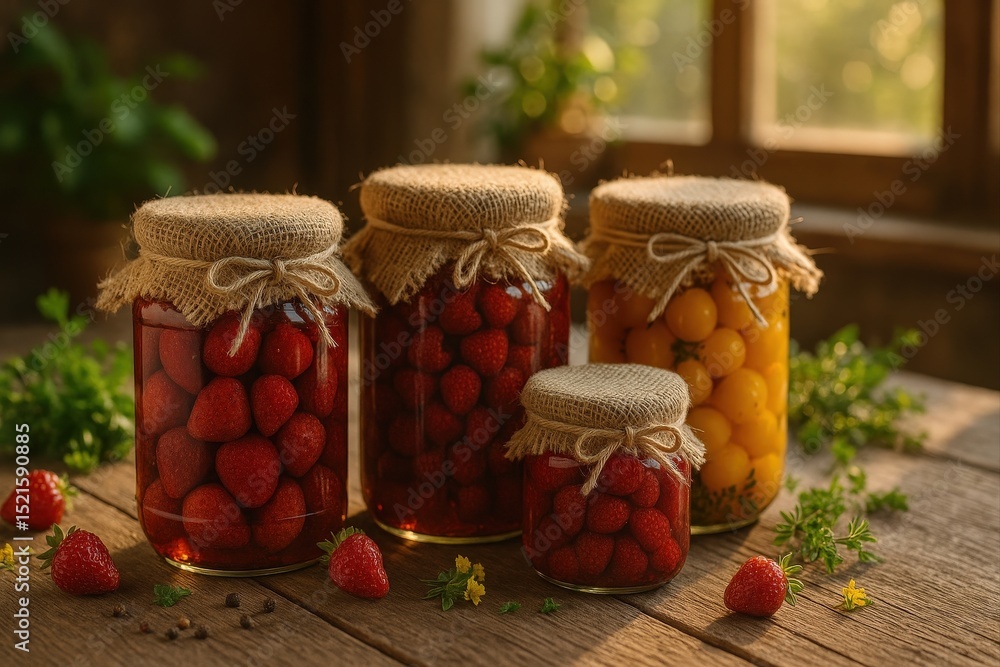 Aufkleber Three jars filled with berries, each tied with string and sitting on wooden table.