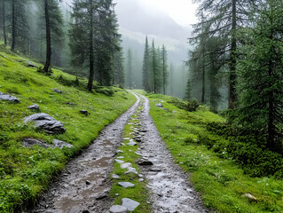 Obraz premium Rainy Mountain Trail Photo