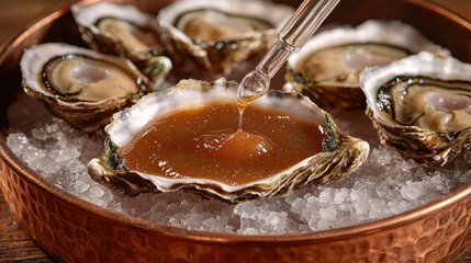 Mignonette sauce dripping from crystal dropper onto fresh oyster in hammered copper dish with crushed ice
