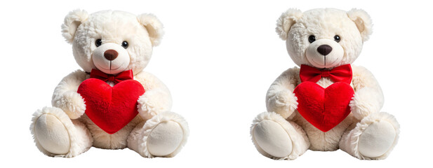  White Teddy Bear Sitting Angled Left with Red Bowtie and Heart Transparent PNG