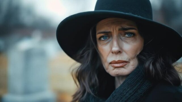 Grieving widow elderly woman in black clothes and hat in cemetery. Concept of grief, mourning, sadness and loss in cold, melancholic atmosphere.	