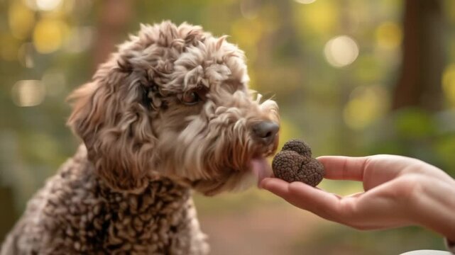 Lagotto Romagnolo dog sniffs and licks a person's hand with a black truffle, for hunting and searching for truffles in the autumn forest. Collecting truffles with dogs