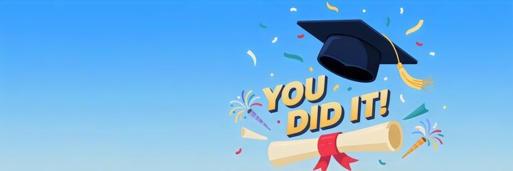 Graduation card with mortarboard toss and confetti – Ideal for celebration, education, and achievement content