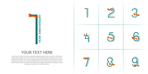 Anniversary logo type set with double line number. green color with orange ribbon can be use special moment