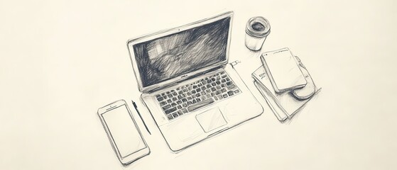 Realistic Pencil Drawing of an Open Laptop on a Clean White Background