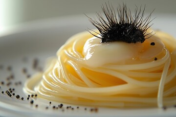 Sea Urchin Spaghetti, pasta with uni sauce served elegantly on white plate, complemented by black peppercorns. Concept of Sea Urchin Spaghetti showcasing minimalist culinary art.