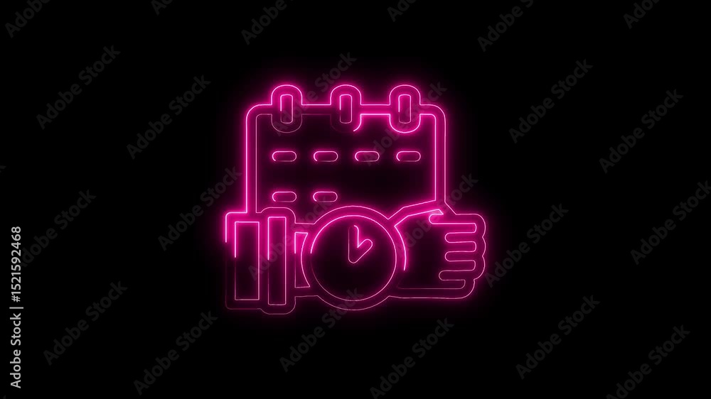 Poster pink neon calendar and clock icon animation on black background for scheduling time