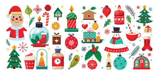 Delightful collection of festive christmas ornaments and decorations in a charming flat design style