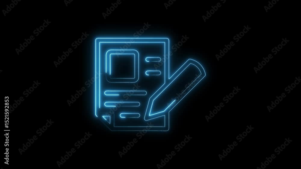 Poster neon style document icon on black background for technology and business concepts