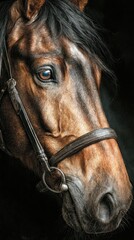 Close-up view of a horse’s head showcasing its expressive features and well-groomed mane in a dramatic lighting setting