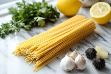 Close-up of Sea Urchin Spaghetti, pasta with uni sauce, garnished with garlic, lemon, parsley, ingredients artfully arranged. Concept of Sea Urchin Spaghetti, vibrant flavors, textures pop.