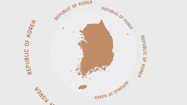 Republic of Korea shape with dynamic circles visual effect. Animation of Republic of Korea logo appearing from rotating rings and country name around the shape. Intro, opening, closing, logo video.