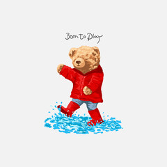 cute little bear doll wearing raincoat playing in puddle, vector illustration