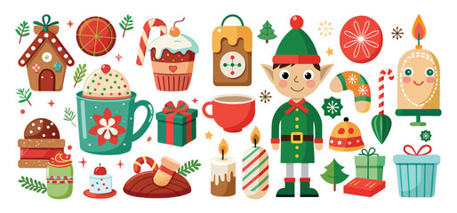 Festive and charming vector illustration of christmas elements including an elf delicious treats and gifts in flat design