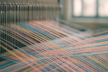 Macro Close-Up of Textile Weaving Loom Creating Fabric Pattern with Pastel Color Grade