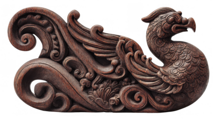 Intricate wooden carving of a mythical bird, featuring detailed feathers, flowing wings, and ornate swirls, isolated on a transparent background for design projects