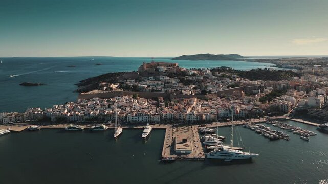 Drone shot in Ibiza old town and Ibiza Port.
