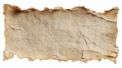 Horizontal close up view of an old, ripped piece of paper with a transparent background, showcasing its rugged and textured surface, suitable for vintage or historical design projects