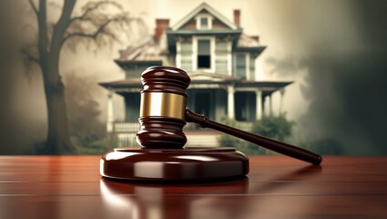 Wooden gavel rests on a table with a blurred house in the background. Real estate auction foreclosure concept. Investment finance real estate market broker house loan sale property buying.