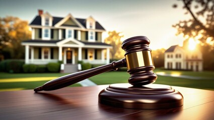 Wooden gavel rests on a table with a blurred house in the background. Real estate auction foreclosure concept. Investment finance real estate market broker house loan sale property buying.