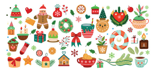 Festive collection of christmas-themed vector elements featuring ornaments sweets gifts candles and gingerbread characters for holiday designs