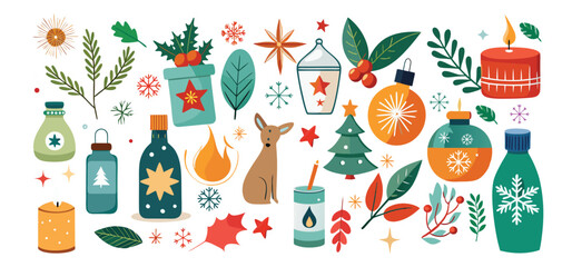 Festive vector illustration featuring christmas decorations like candles ornaments stars trees and holiday elements