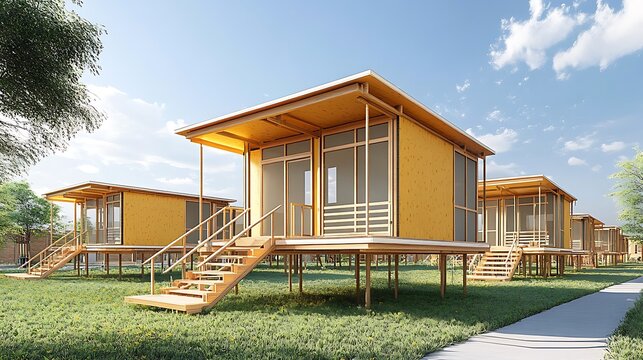 Professional illustration of modular building systems designed for rapid deployment in disaster relief emphasizing scalability durability and affordability