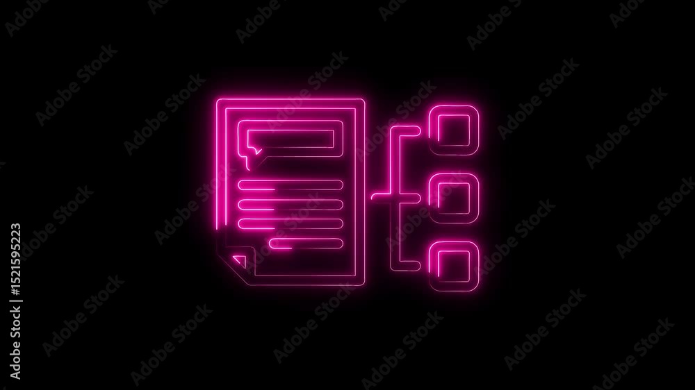 Poster neon document and flowchart illustration connecting nodes with bright pink glow on black background