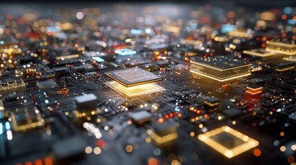 Visualizing intricate technology with circuit boards, microchips, and advanced AI neural networks interconnected in a futuristic landscape