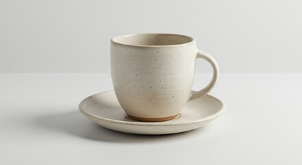 Fototapeta premium A ceramic cup and saucer placed on a solid white background, soft studio lighting, with minimalist composition and clean shadows. No extra objects, neutral tones.