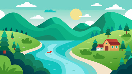 Fototapeta premium Peaceful River Valley Vector with Trees and Houses