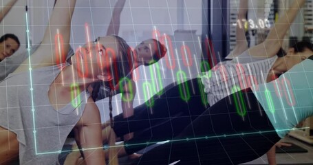 Three women grasping kettlebells showing fitness overlay and pressing into side plank toning core - Powered by Adobe