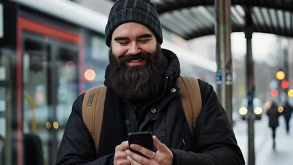Cheerful young bearded man sitting at the bus station, using his smartphone with a smile on his face. Ample copy space available for text or messaging. Modern technology and travel concept. - Powered by Adobe