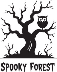 Spooky forest tree with an owl silhouette vector illustration, Halloween graphics element.