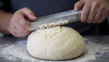Hands scoring raw dough for baking bread