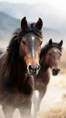 Obraz premium Majestic horses stand in a misty field at dawn, showcasing their beauty and strength in a serene landscape