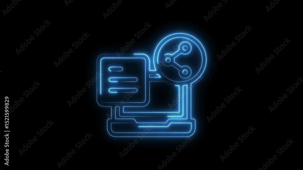 Poster computer with document and share neon light icon on black background concept