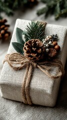 Beautifully wrapped gift with natural decorations showcases rustic charm during holiday season