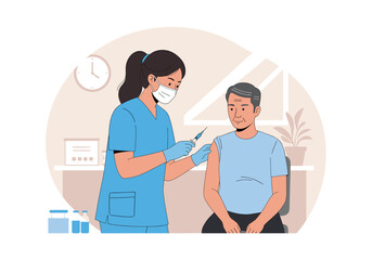 Flat design of a nurse wearing a mask giving a vaccine shot to a patient sitting on a chair