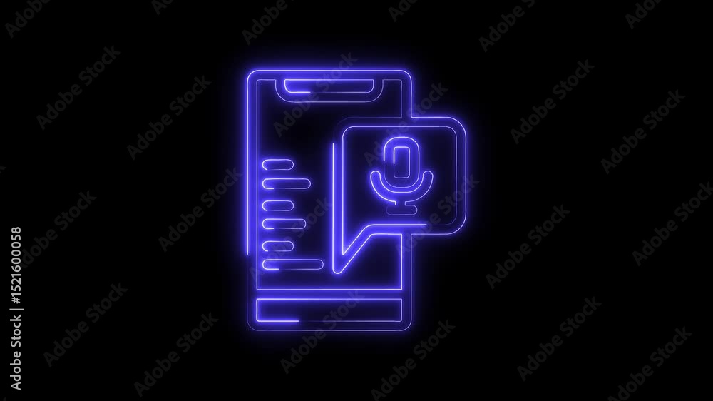 Poster neon smartphone interface with microphone in speech bubble animation on black background