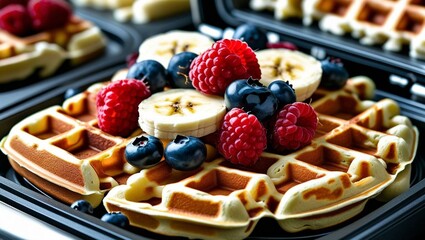 Close-up of homemade waffles with fresh berries and banana slices on waffle maker. Waffles are baked golden-brown, look delicious. Breakfast concept with fruit toppings