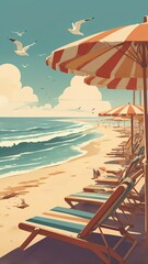 Retro beach scene with umbrellas and lounge chairs by the sea. Warm, nostalgic summer vibe. Perfect for travel ads, posters, and vacation-related content