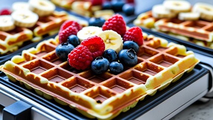 Close-up of homemade waffles with fresh berries and banana slices on waffle maker. Waffles are baked golden-brown, look delicious. Breakfast concept with fruit toppings